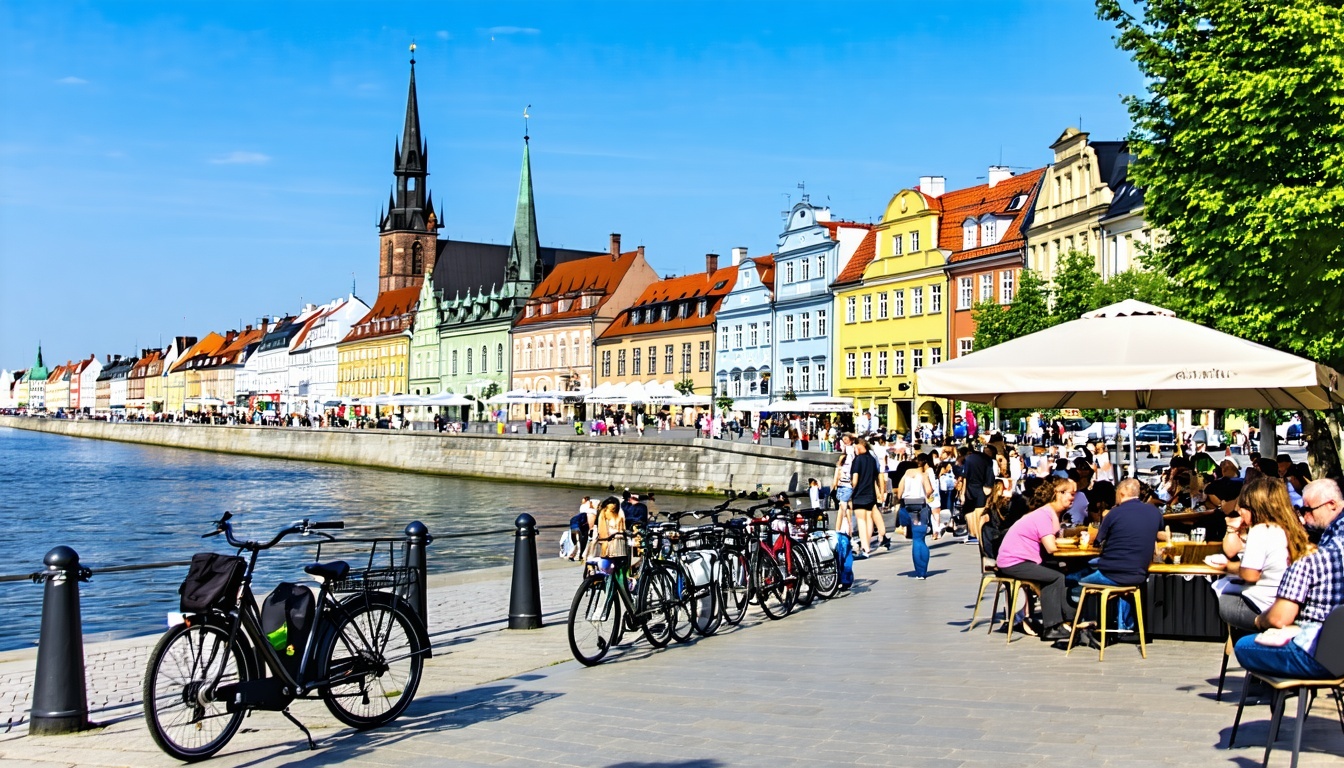 A vibrant street in Szczecin, Poland, showcasing a lively promenade lined with colorful historical buildings. People stroll along the wide boulevards